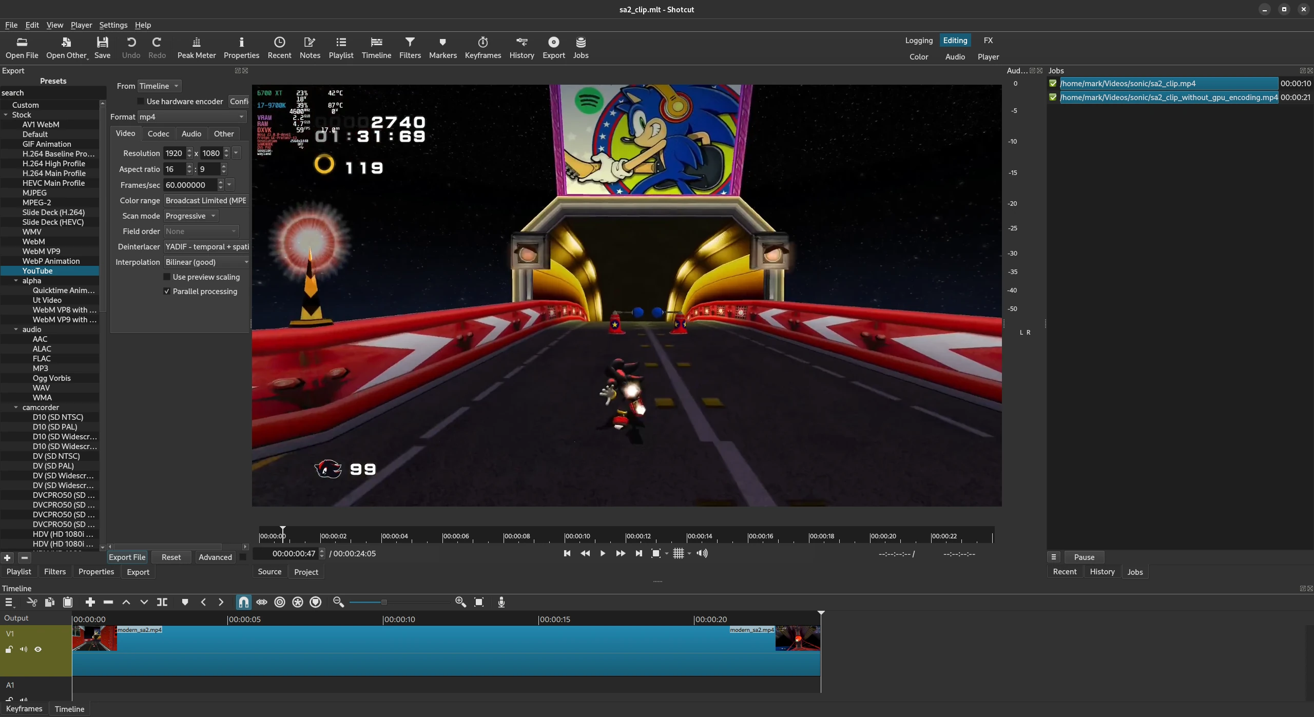Exporting a video with Shotcut - GPU encoding vs. CPU encoding