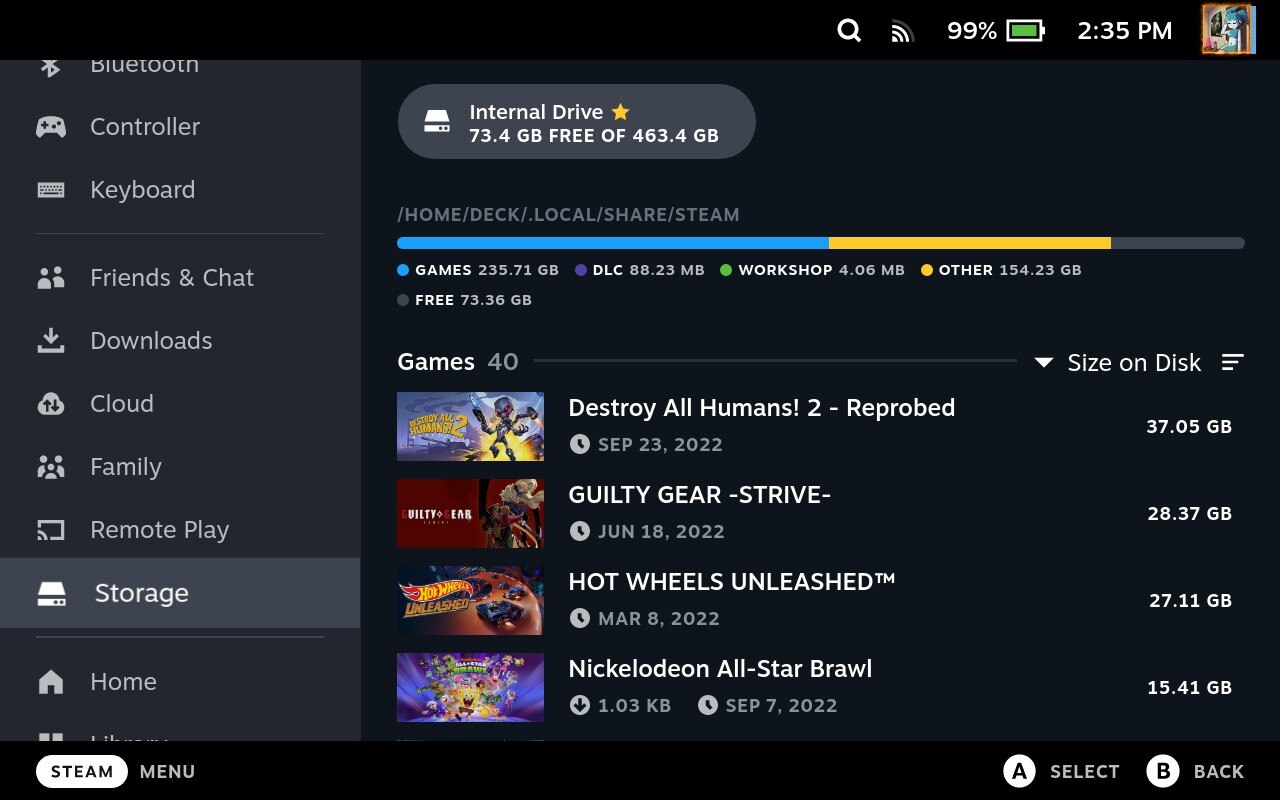Steam Deck storage space before clearing shader cache