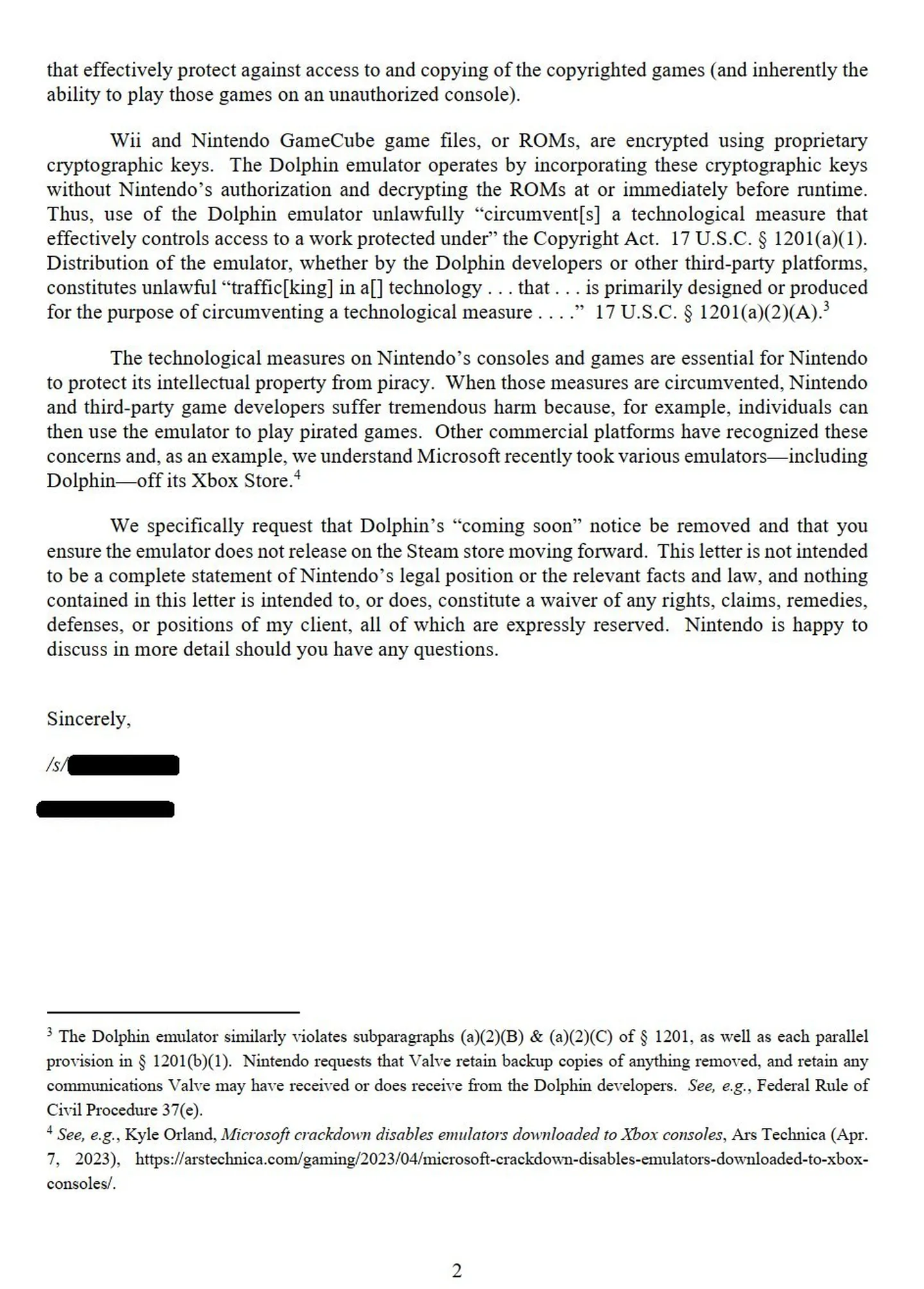 Email from Nintendo’s lawyer to Valve, page 2