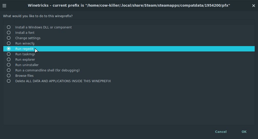 Run regedit option in protontricks