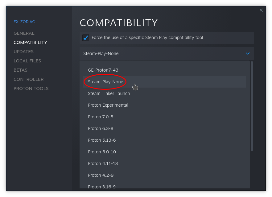Forcing Steam-Play-None on Ex-Zodiac