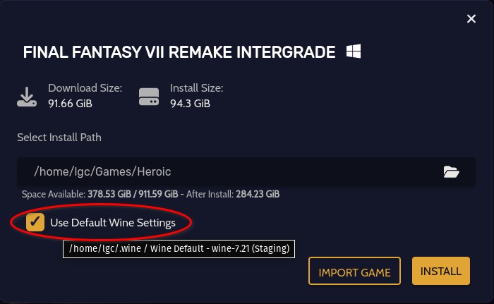 Heroic use default wine settings checkbox