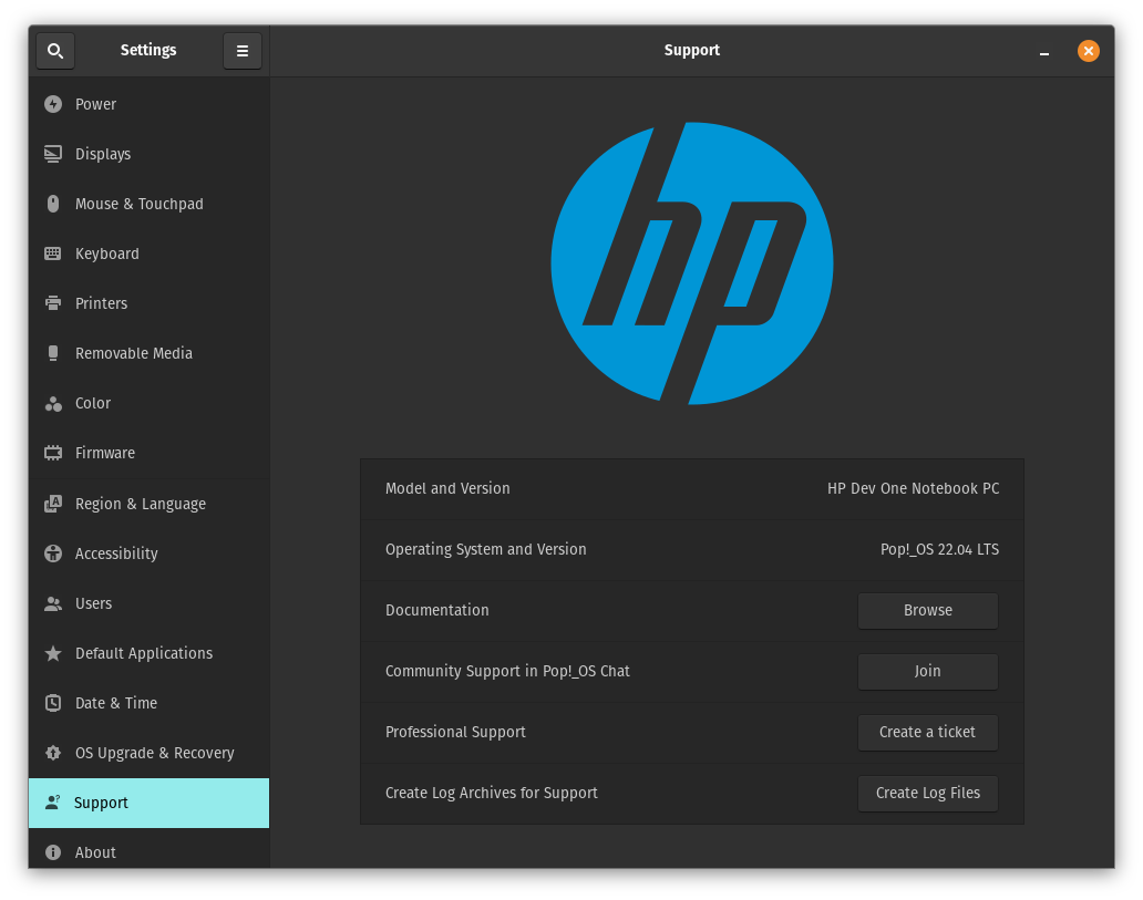 hp dev one support menu