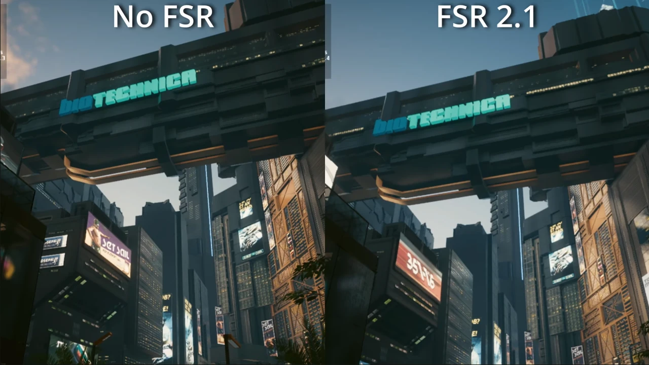 Cyberpunk 2077 comparison with and without FSR