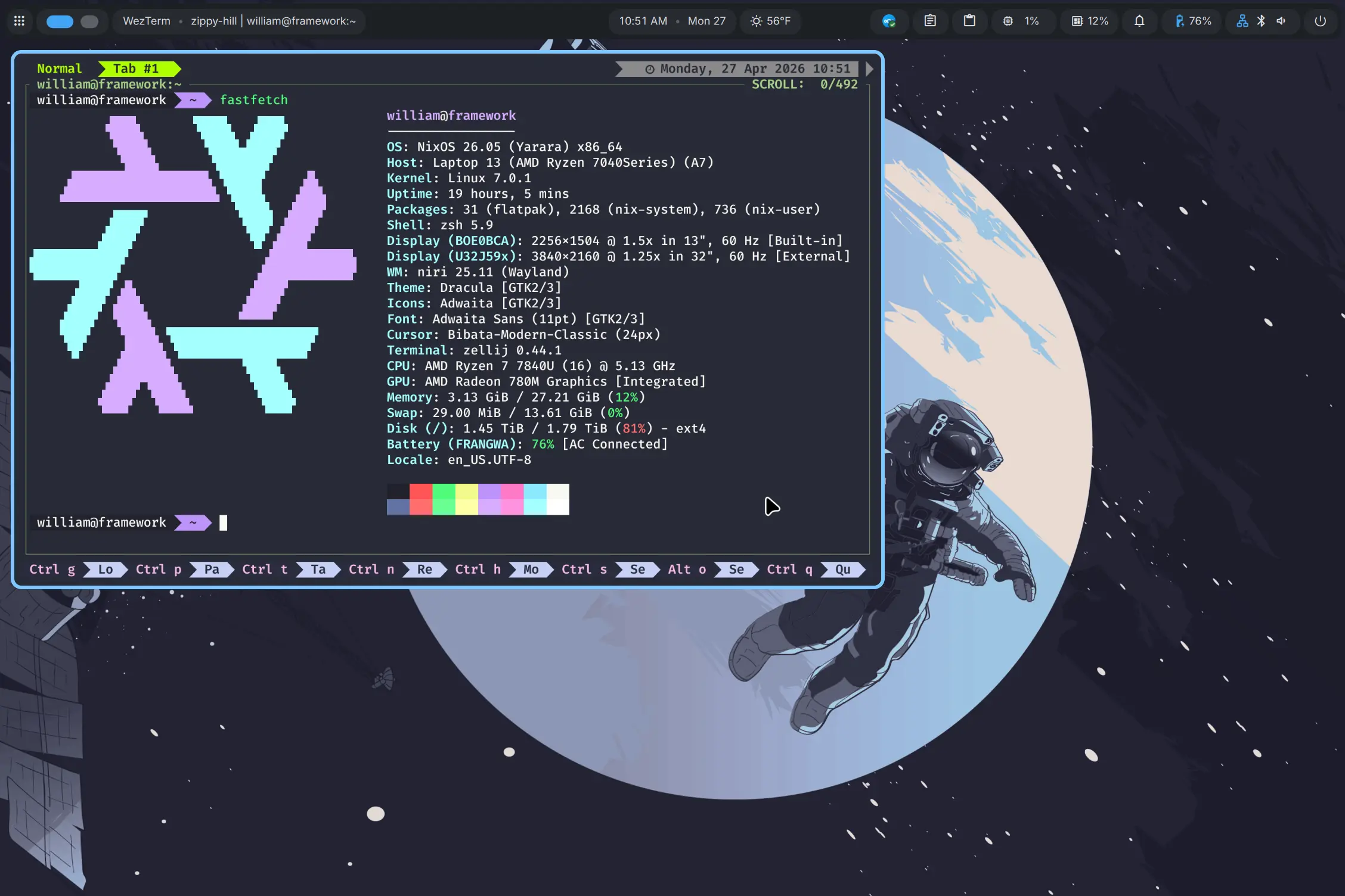 ShadowApex&rsquo;s desktop with NixOS and Niri/DMS