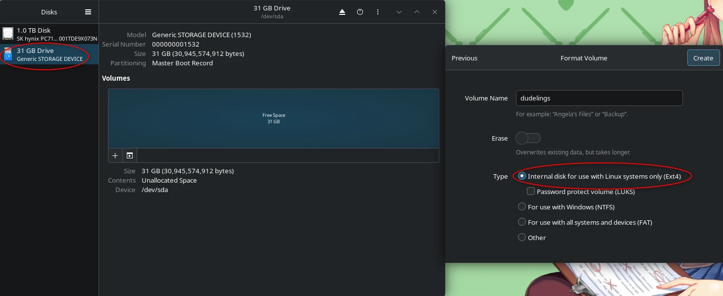 Formatting a SD card as ext4