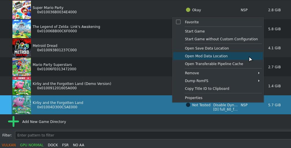 yuzu context menu