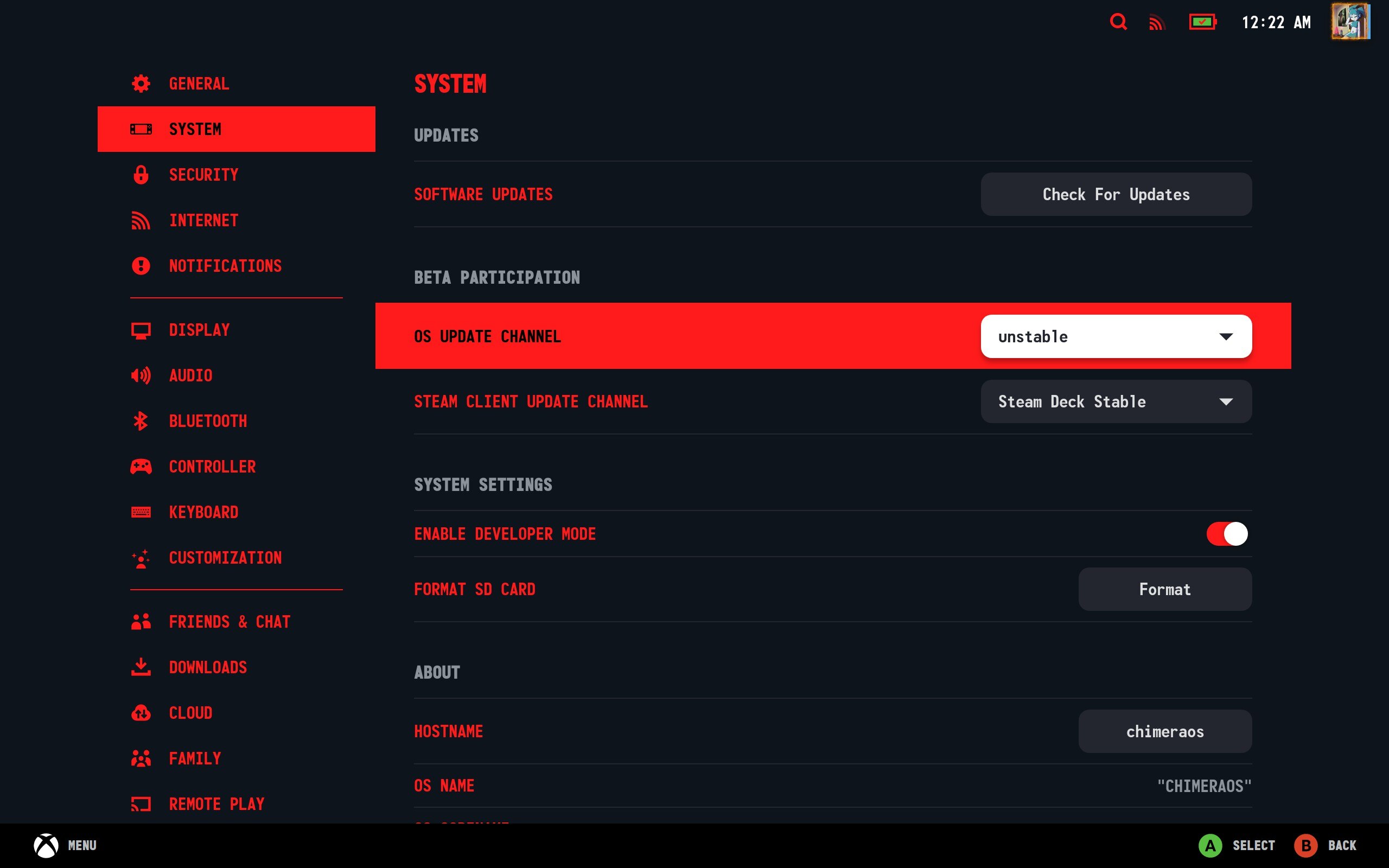 Enabling dev mode and selecting unstable branch