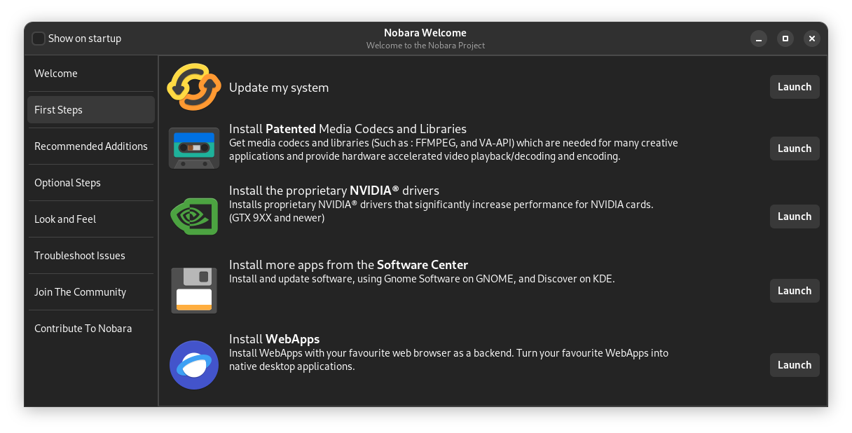 Nobara welcome screen first steps