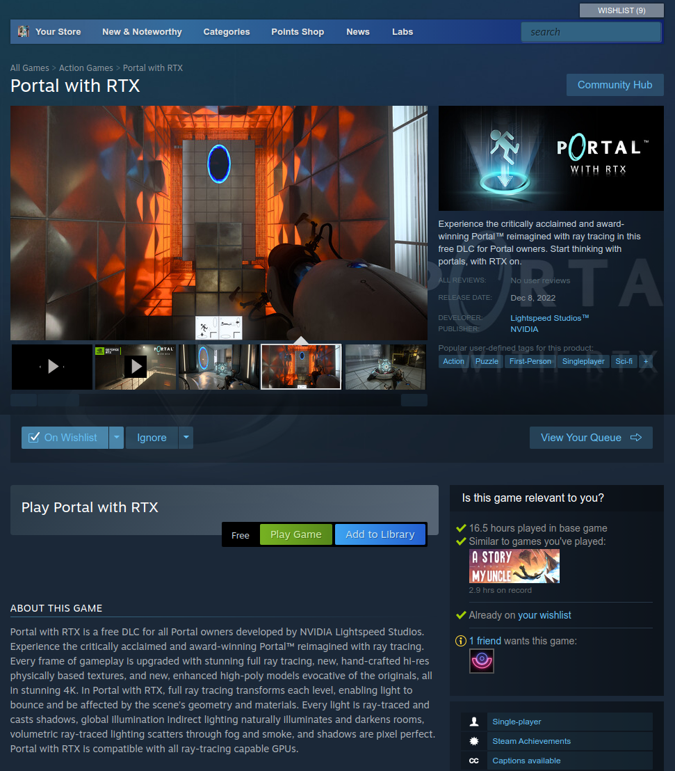 Portal with RTX Steam store page