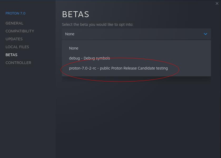 selecting proton-7.0-2-rc from steam