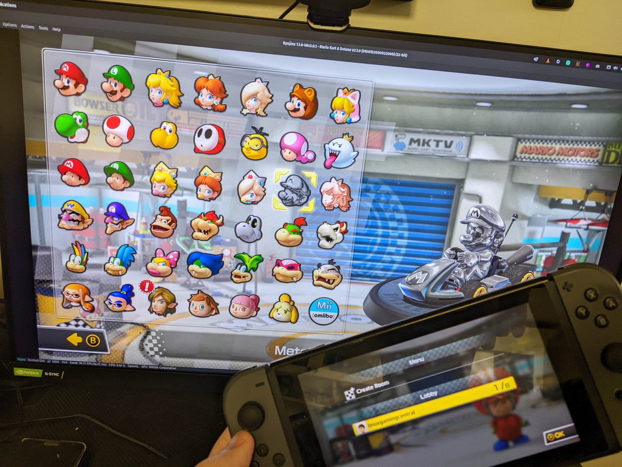 Ryujinx LDN MK8 local multiplayer lobby with physical Switch