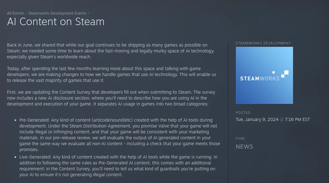 Valve Changes Their Mind Regarding AI-Generated Games