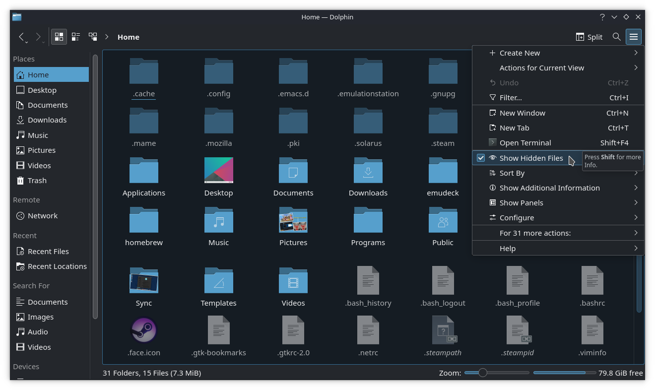 Show hidden files in Dolphin