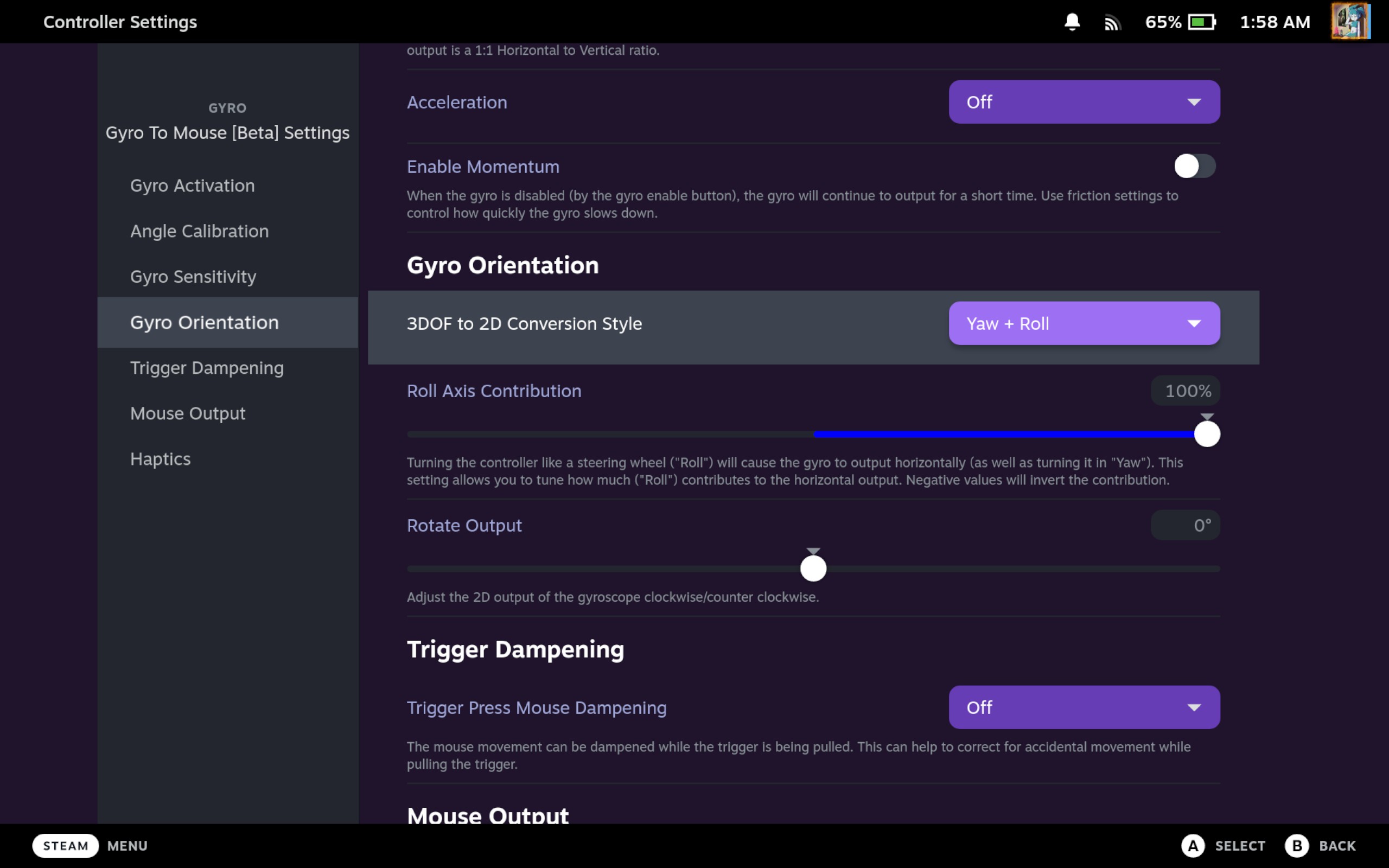 Gyro to Mouse gyro options