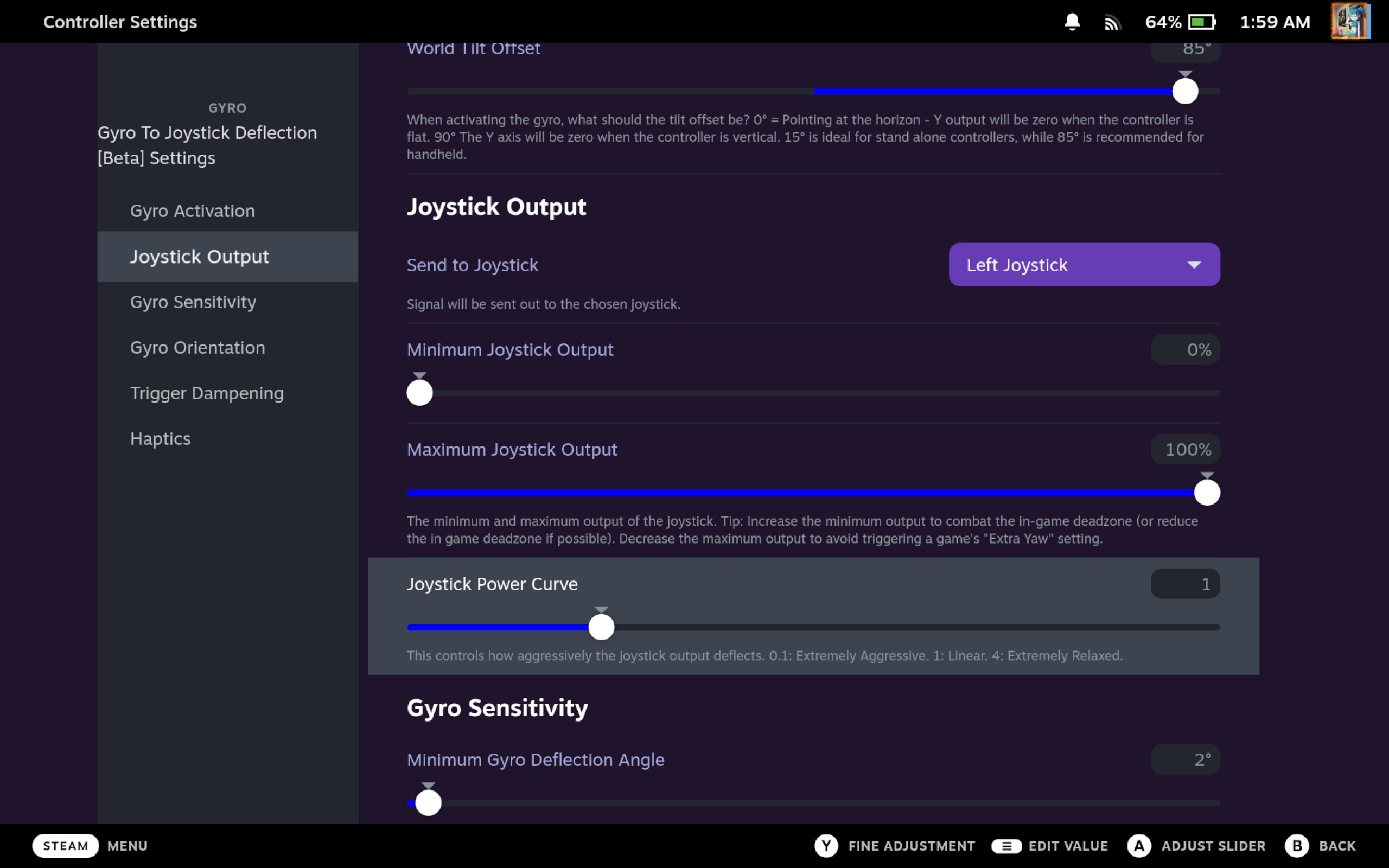 Joystick power curve slider
