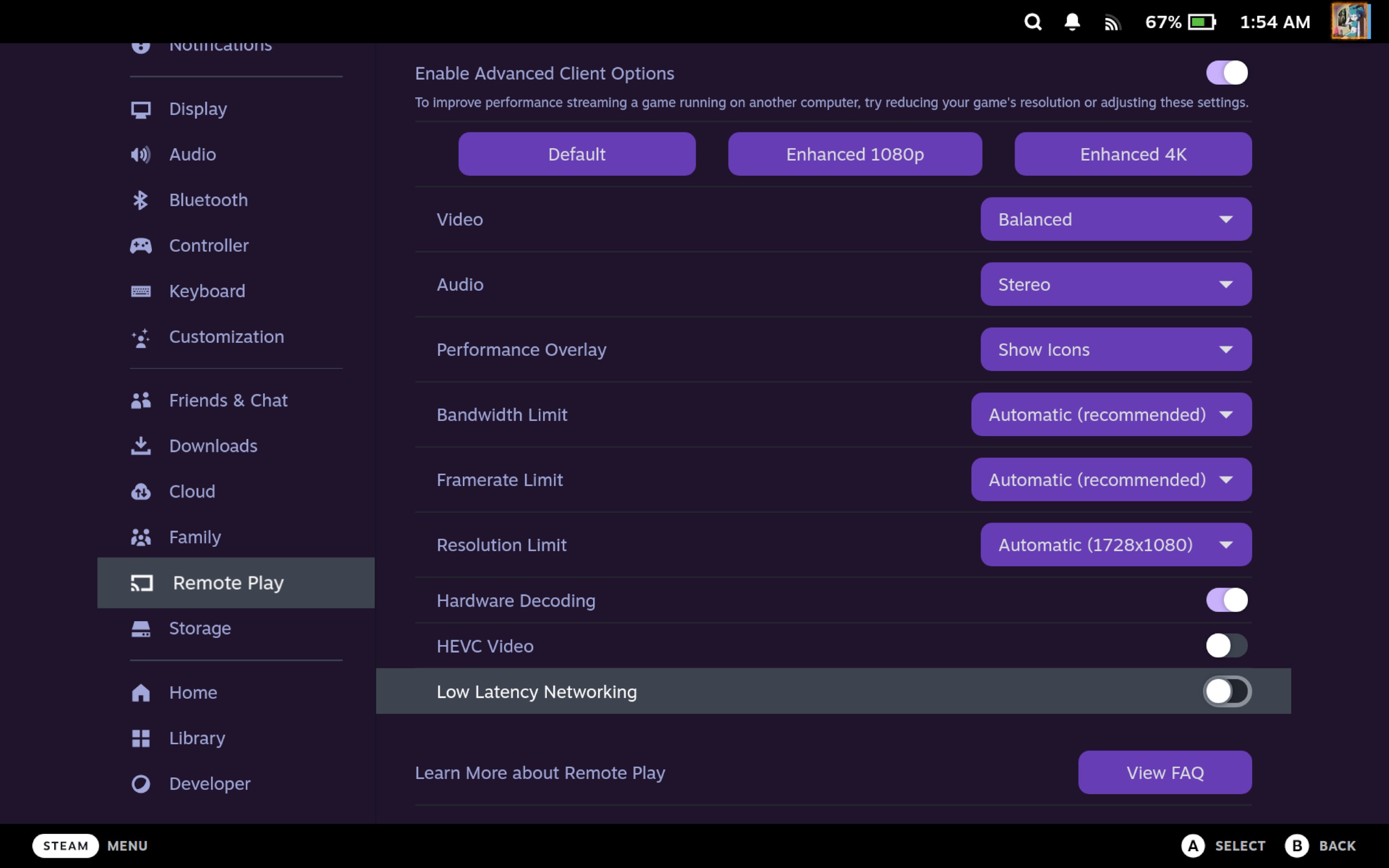 Low latency networking option in Remote Play