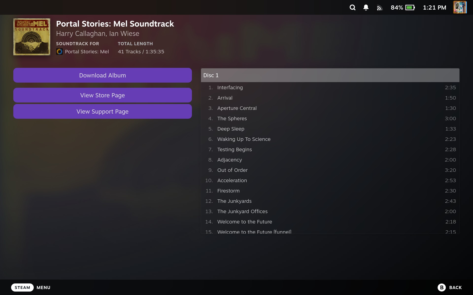 Steam Deck soundtrack layout