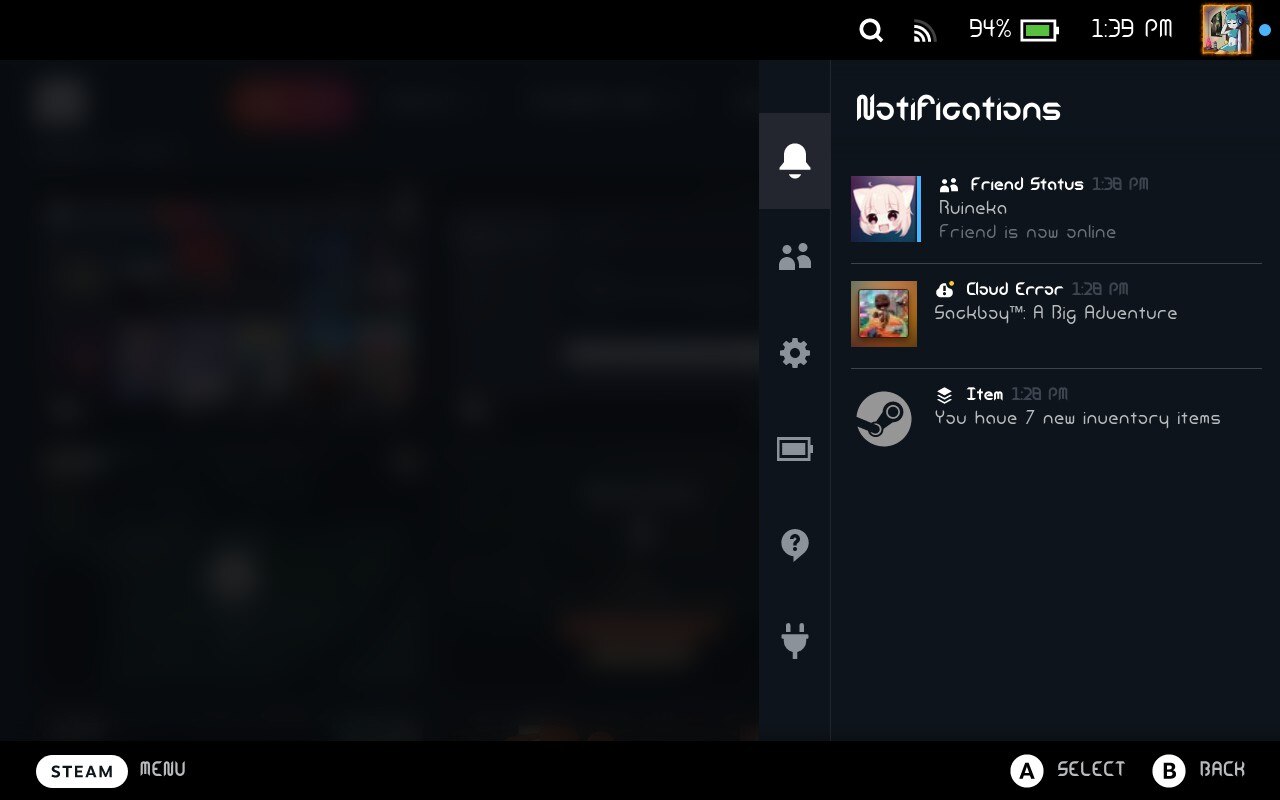 Steam Deck pinned notifications
