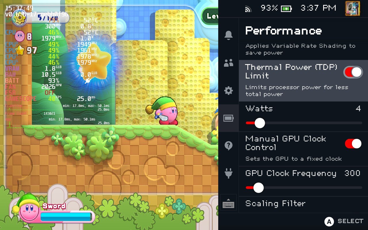 Kirby on Deck performance settings