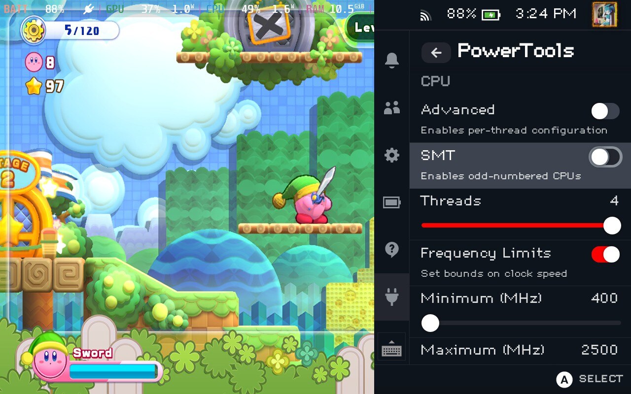 Kirby on Deck PowerTools settings