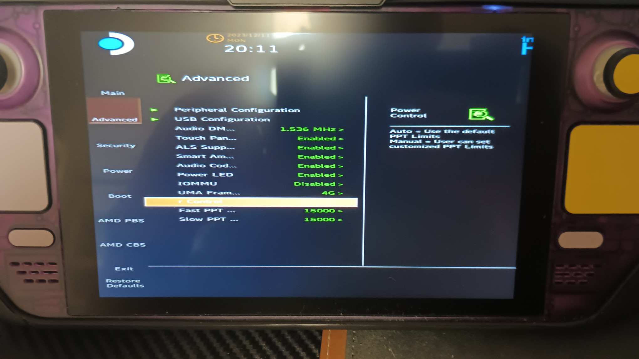 Manual power control in BIOS