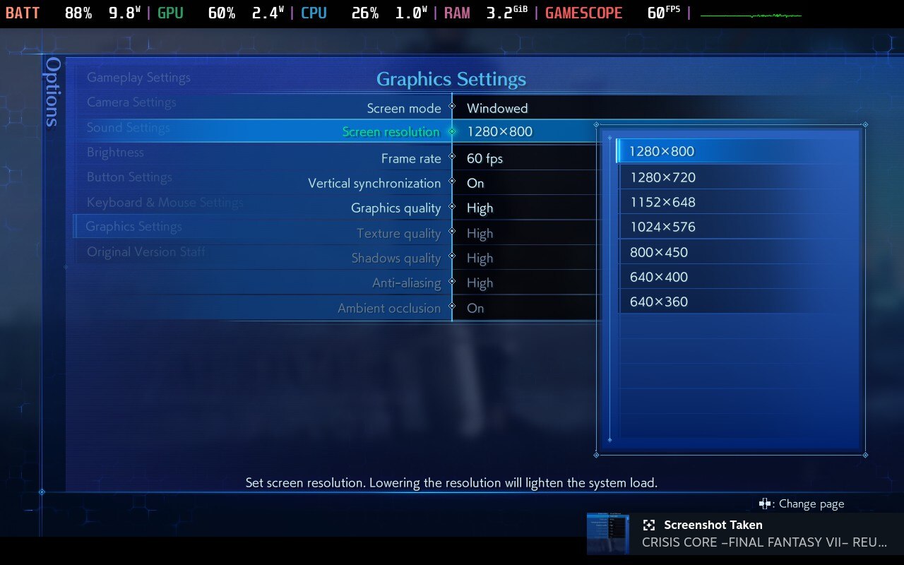 Crisis Core Final Fantasy VII Reunion resolutions in windowed mode