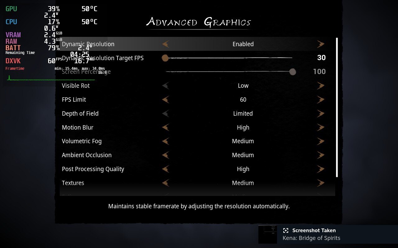 Kena default graphics settings on Deck