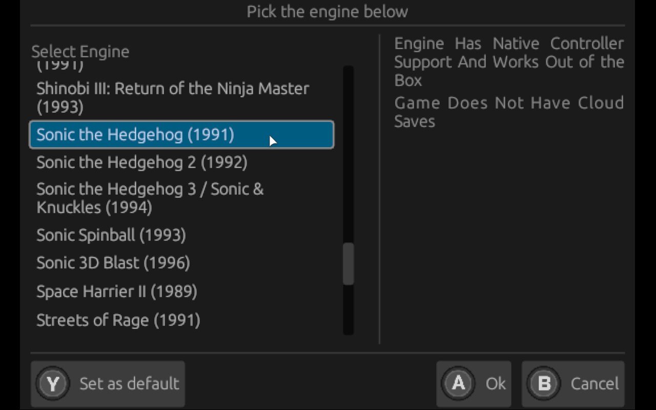 sega genesis classics engine selection