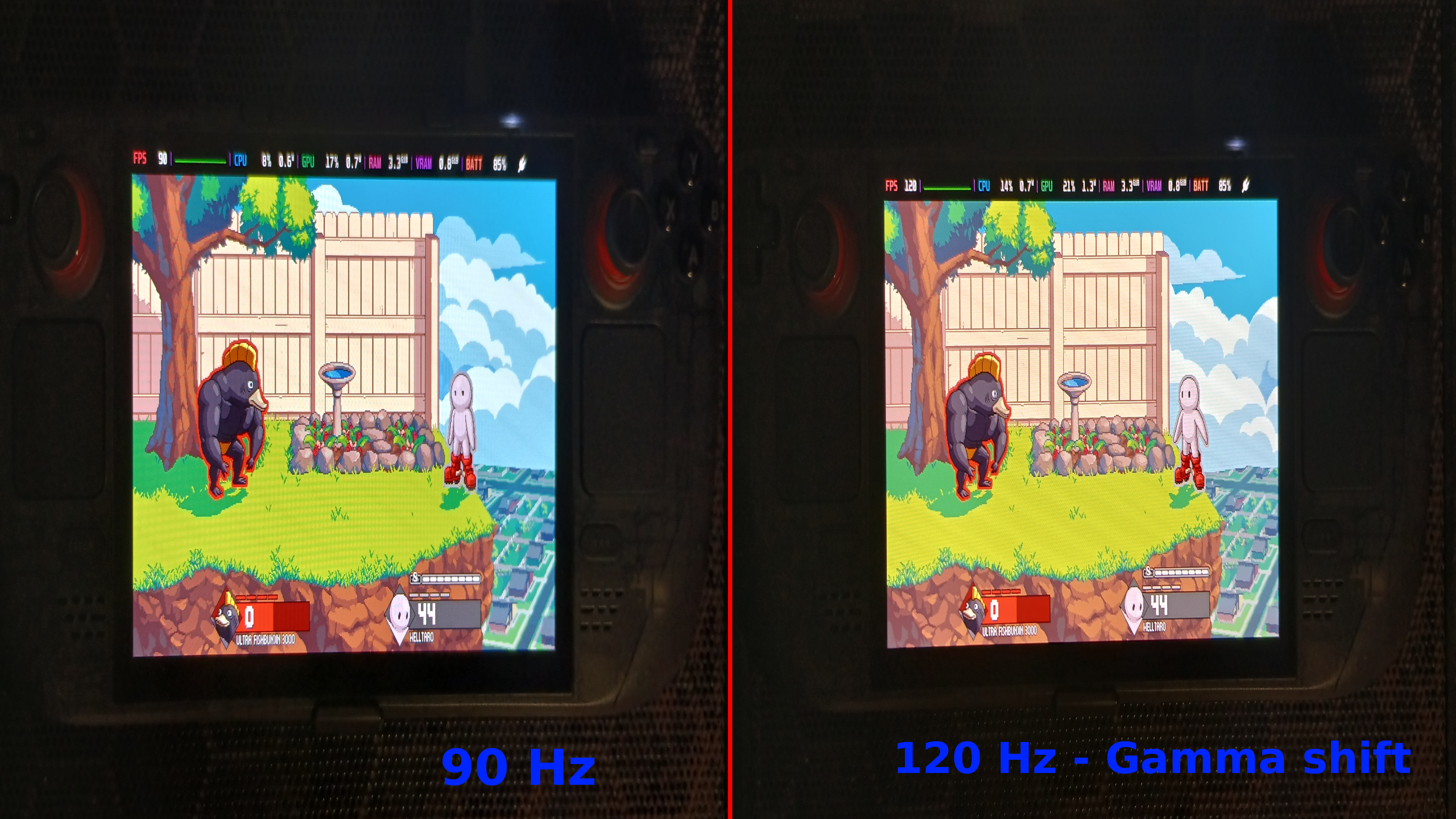 Gamma comparison at 90 Hz vs. 120 Hz with Fraymakers