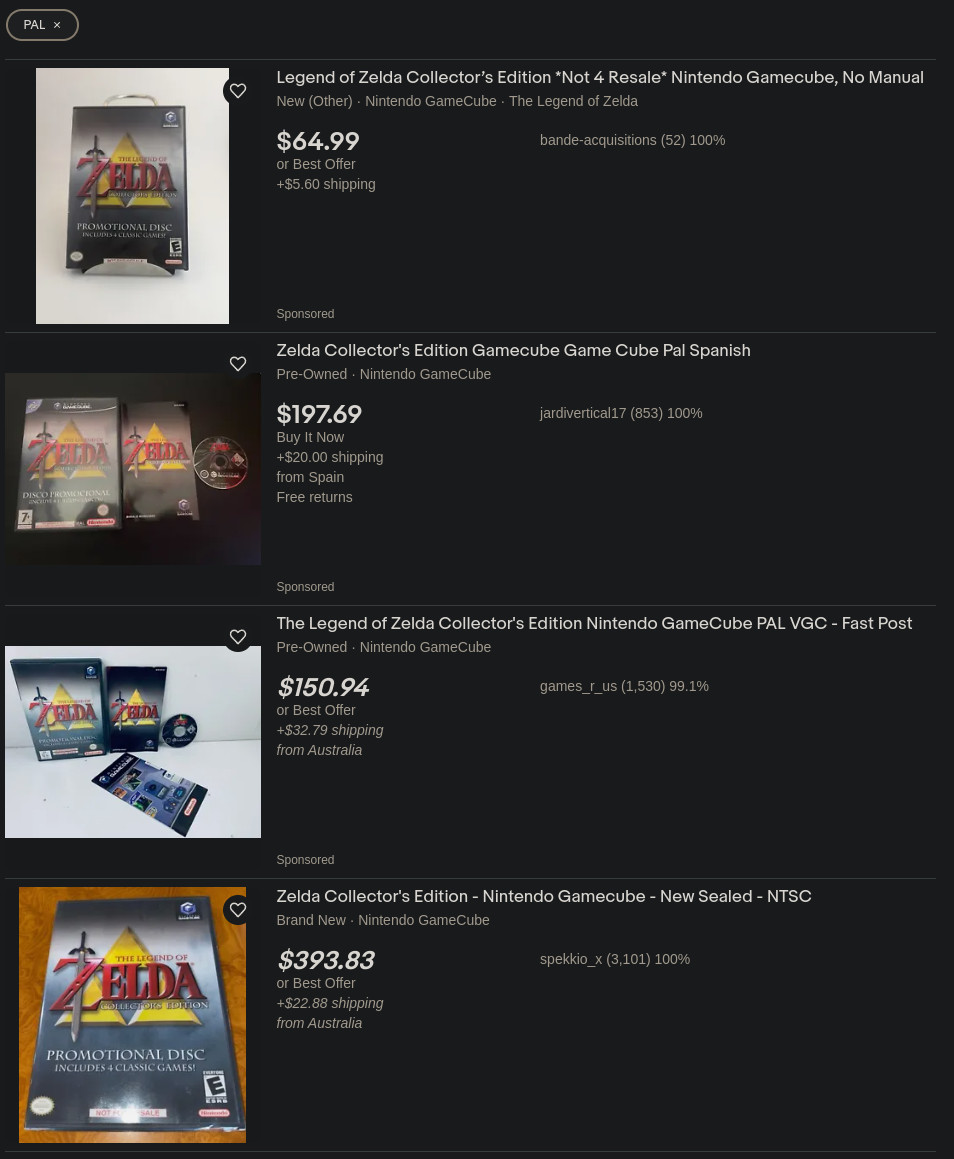 Ebay prices for Zelda: Collector’s Edition PAL
