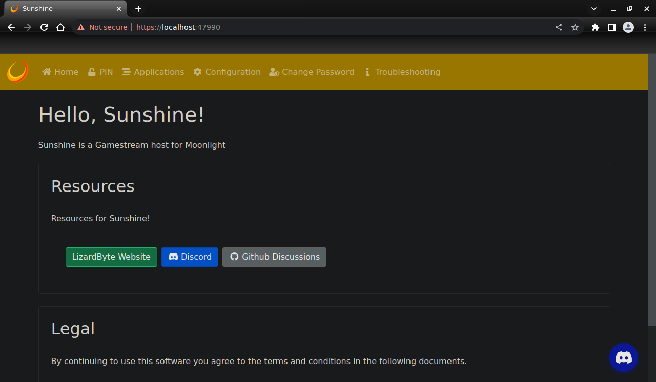 Sunshine main interface