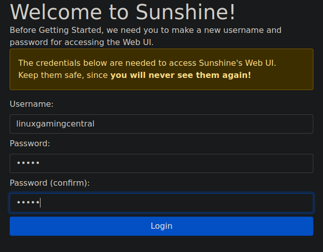 Sunshine first time login