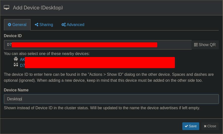 Syncthing adding a new device