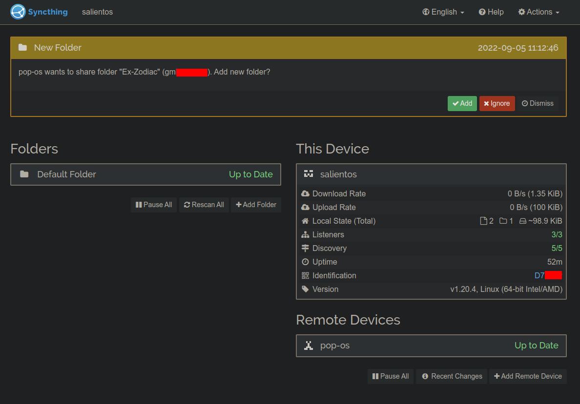 Syncthing new folder prompt