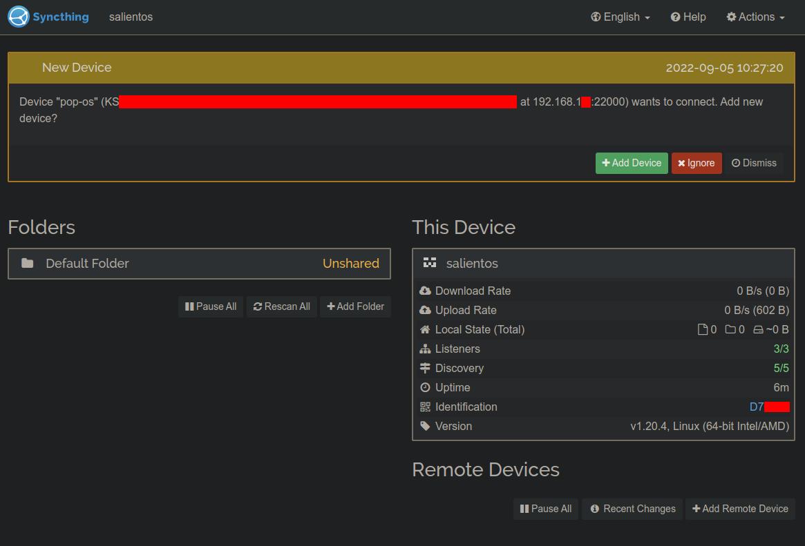 Syncthing add new device prompt