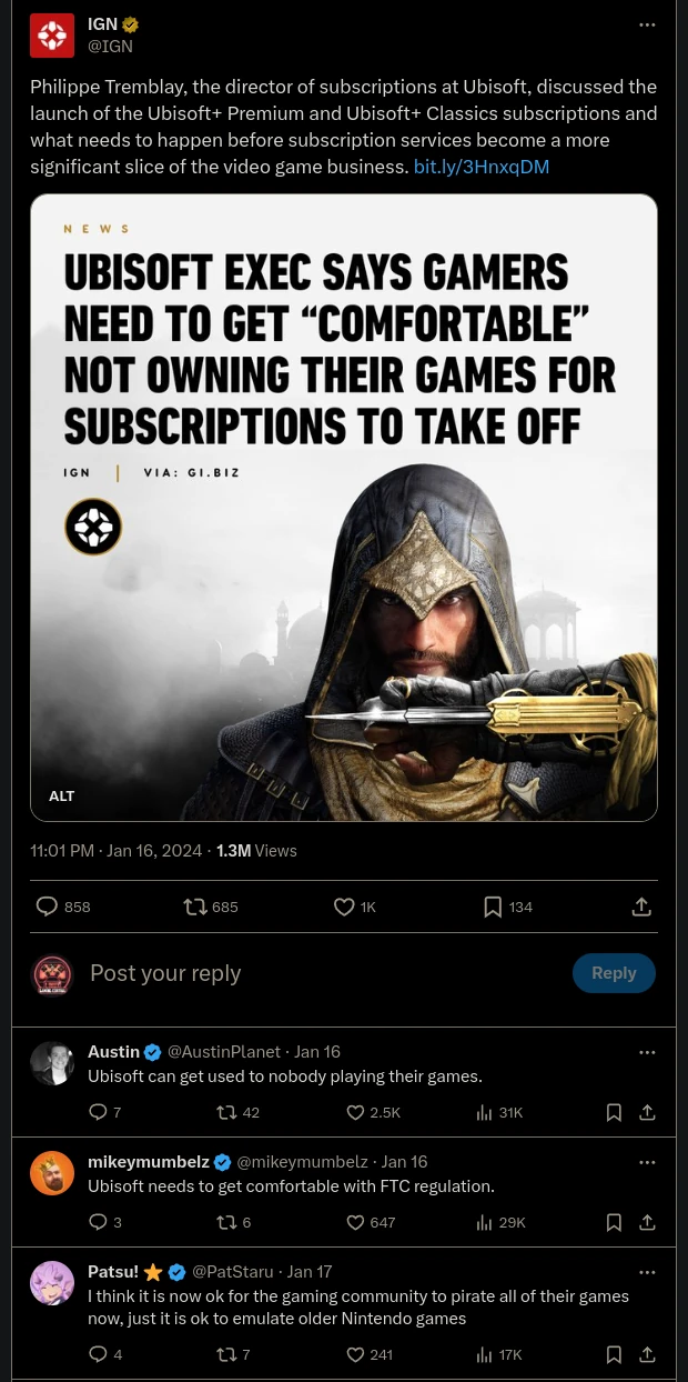 Responses to Ubisoft saying get comfortable with not owning your games